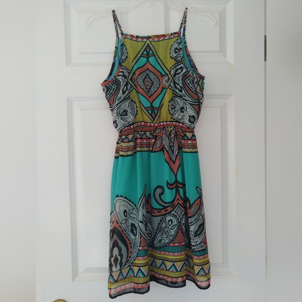 Hello Miss Multi-Colored Front Zip Turquoise Dress - image 2